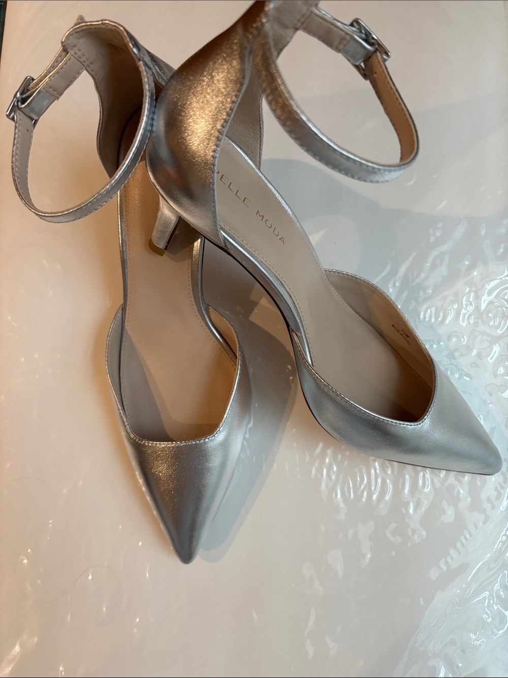Pelle Moda Silver Pointed-Toe Ankle-Strap Heels